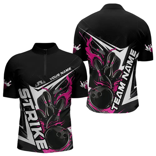 Custom Black And Pink Flame Strike Bowling Quarter-Zip Shirts For Men, Strike Bowling Jerseys IPHW8314