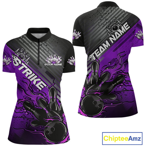 Custom Purple Strike Flame Bowling Women Quarter Zip Shirt, Team Shirt Bowlers Outift IPHW9617