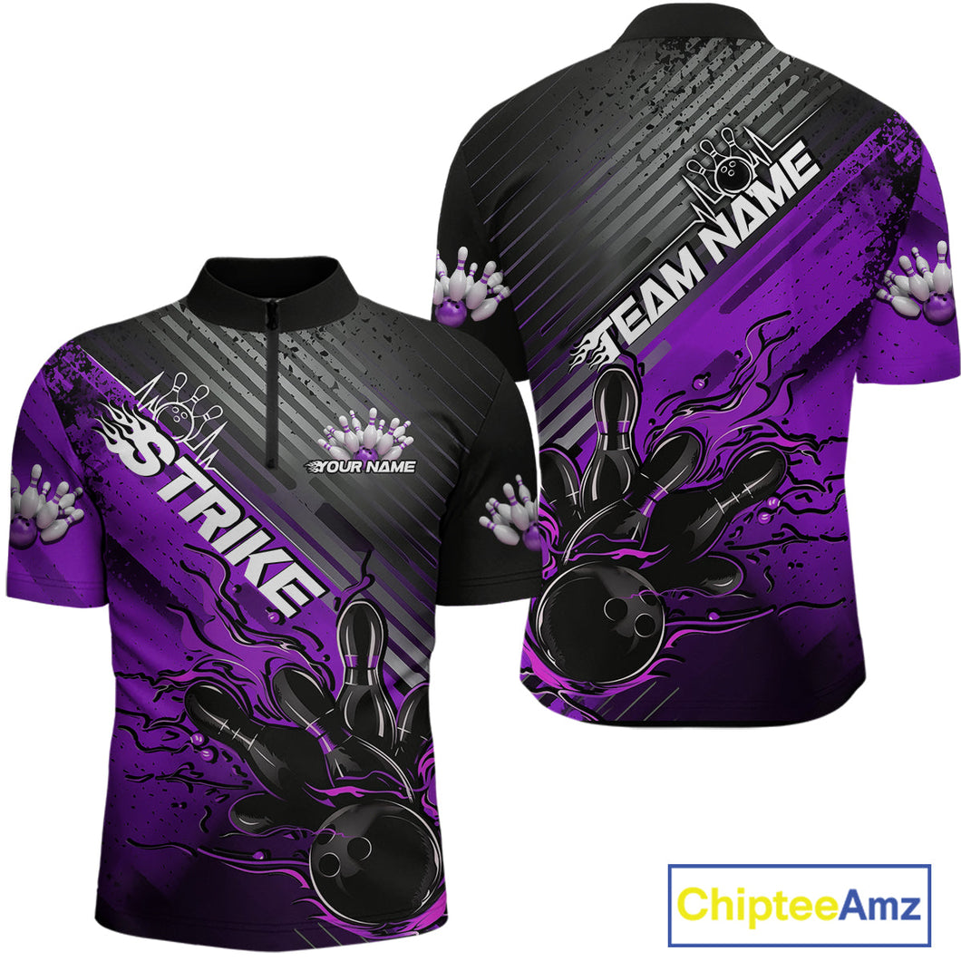 Custom Purple Strike Flame Bowling Quarter-Zip Shirts For Men, Bowling Team Shirt Bowlers Outift IPHW9617