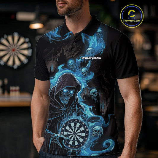 Custom Blue Fire Flame Grim Reaper Dart Men Polo Shirts, Dart Team Halloween Outfits IPHW9984