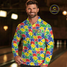 Load image into Gallery viewer, White polo shirt featuring vibrant seamless puzzle pattern in red, blue, green, and yellow arranged in a clean repeating design