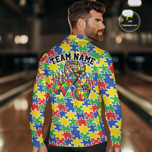 Load image into Gallery viewer, Seamless multicolor puzzle piece print displayed on white shirt with red, blue, green, and yellow tones in a continuous pattern