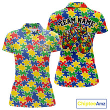 Load image into Gallery viewer, Women’s polo shirt mockup front and back showing seamless multicolor puzzle piece print in red, blue, green, and yellow tones