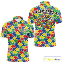 Load image into Gallery viewer, Men’s bowling polo shirt mockup front and back showing seamless multicolor puzzle piece print in red, blue, green, and yellow tones