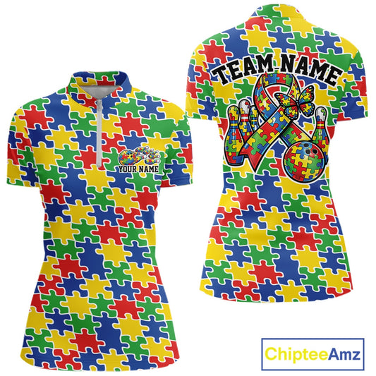 Front and back view of a women’s quarter-zip bowling shirt mockup featuring seamless multicolored puzzle piece print in red, blue, green, and yellow.