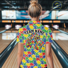 Load image into Gallery viewer, Back view of a female bowler wearing a multicolored quarter-zip shirt, seamless autism puzzle piece pattern covering the entire design.