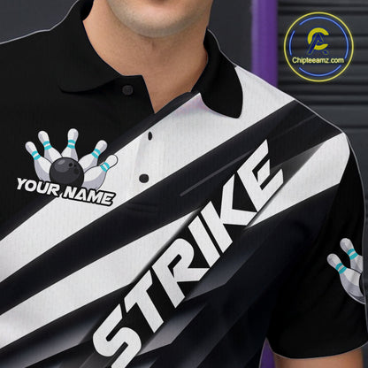 Custom Black And Blue Strike Bowling Polo Shirts For Men, Bowling Team Uniform IPHW9628