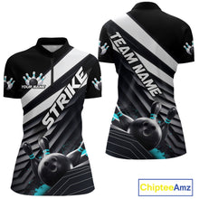 Load image into Gallery viewer, Custom Black And Blue Strike Bowling Quarter-Zip Shirts For Women, Bowling Team Uniform IPHW9628