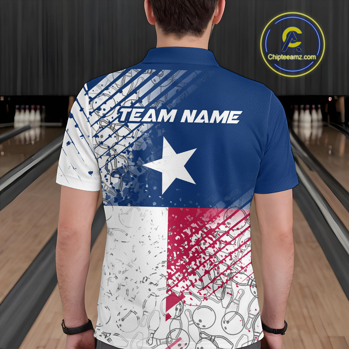 Custom Grunge Texas Flag Bowling Team Polo Shirts For Men, Texas Bowling Tournament Shirt IPHW9633