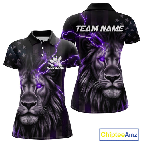 Custom Purple Thunder Lightning Patriotic Lion Women Polo Shirts, US Flag Bowling Jerseys IPHW9321