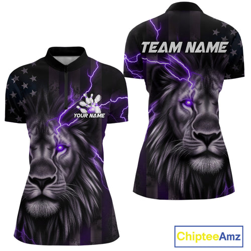 Custom Purple Thunder Lightning Patriotic Lion Women Quarter-Zip Shirt, US Bowling Jersey IPHW9321