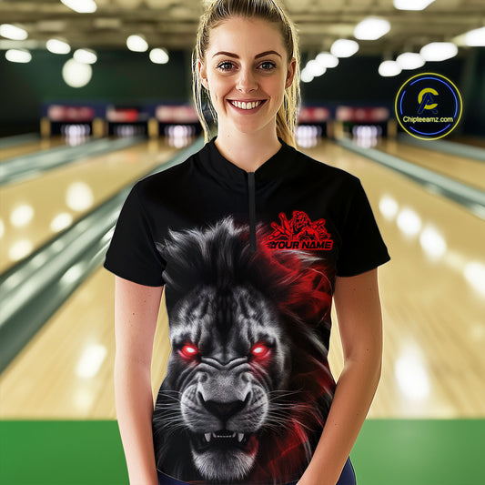 Custom Black And Red Lion Bowling Quarter-Zip Team Shirt For Women, Lion Bowling Jersey IPHW9328