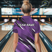 Load image into Gallery viewer, Person wearing a purple bowling shirt with 'TEAM NAME' text in a bowling alley.
