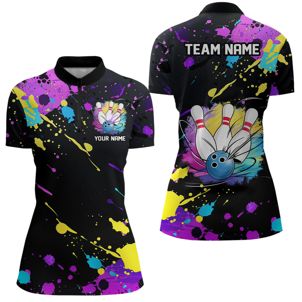 Colorful Bowling Quarter Zip Shirts For Women, Personalized Female Bowling Shirts IPHW6787