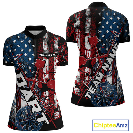Custom Vintage Patriotic Dart Team Women Quarter-Zip Shirts, US Flag Dart Jerseys IPHW9648