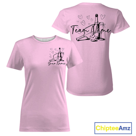 Custom Light Pink Pickleball T-Shirts For Women, Pickleball And Wine Lovers Uniform IPHW9460