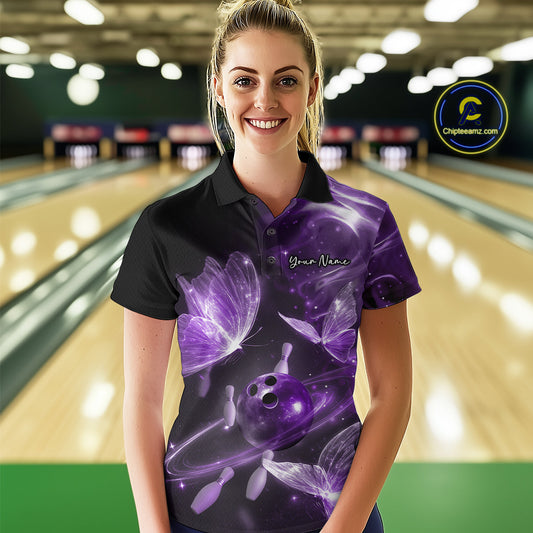 Custom Ethereal Purple Butterflies Bowling Team Women Polo Shirts, Ladies Bowling Outfit IPHW10239