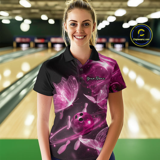 Custom Ethereal Pink Butterflies Bowling Team Women Polo Shirts, Ladies Bowling Outfit IPHW10240
