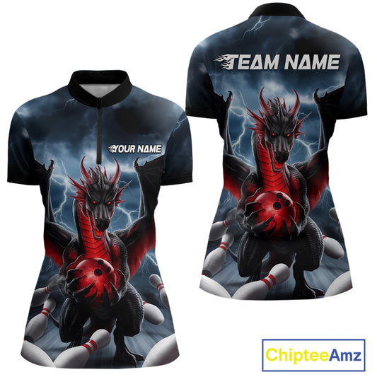 Custom Red Dragon Bowling Women Quarter-Zip Shirts, Dragon Bowling Team Tournament Outfit IPHW9106