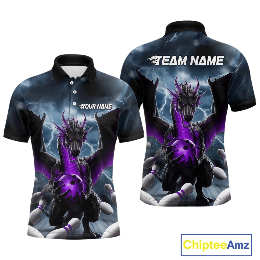 Custom Purple Dragon Bowling Men Polo Shirts, Dragon Bowling Team Tournament Outfit IPHW9107