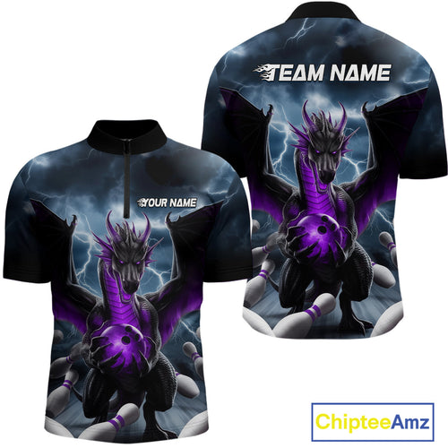 Custom Purple Dragon Bowling Men Quarter-Zip Shirts, Dragon Bowling Team Tournament Outfit IPHW9107