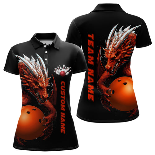 Custom Red Flame Bowling Team Polo Shirts, Dragon Bowling Shirts For Women IPHW5233