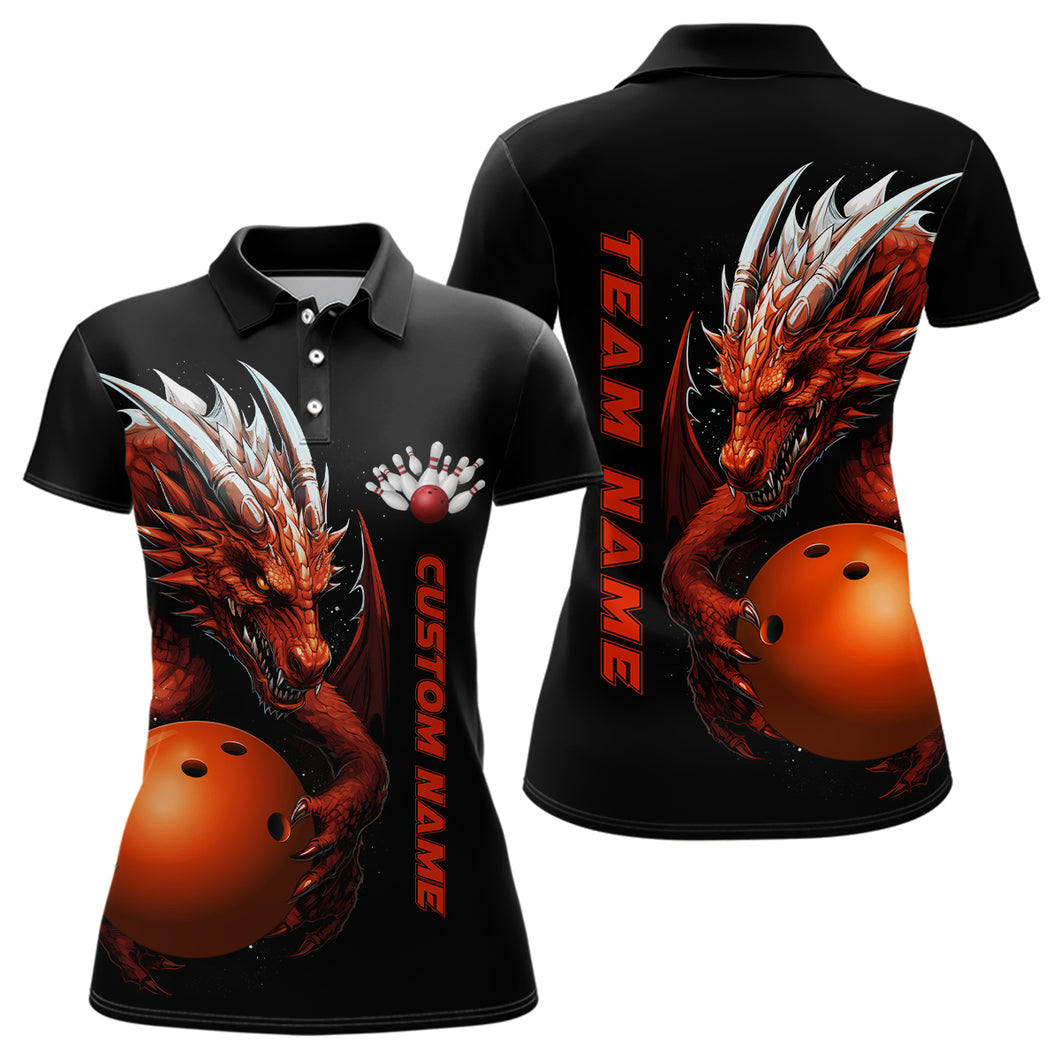 Custom Red Flame Bowling Team Polo Shirts, Dragon Bowling Shirts For Women IPHW5233