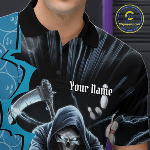 Custom Blue Thunder Lightning Grim Reaper Bowling Men Polo Shirt, Halloween Bowler Outfit IPHW9839