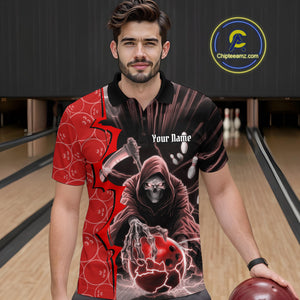 Custom Red Thunder Lightning Grim Reaper Bowling Men Polo Shirt, Halloween Bowler Outfit IPHW9840