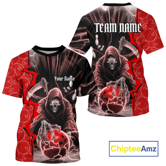 Custom Red Thunder Lightning Grim Reaper Bowling Men T-Shirts Shirt, Halloween Bowler Outfit IPHW9840