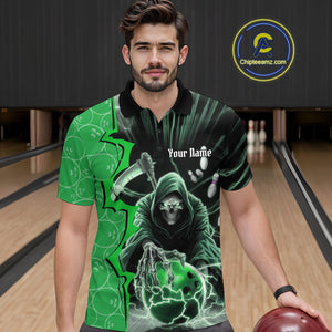 Custom Green Thunder Lightning Grim Reaper Bowling Men Polo Shirt, Halloween Bowler Outfit IPHW9841