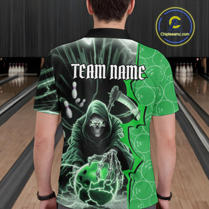Custom Green Thunder Lightning Grim Reaper Bowling Men Polo Shirt, Halloween Bowler Outfit IPHW9841