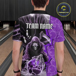 Custom Purple Thunder Lightning Grim Reaper Bowling Men Polo Shirt, Halloween Bowler Outfit IPHW9842