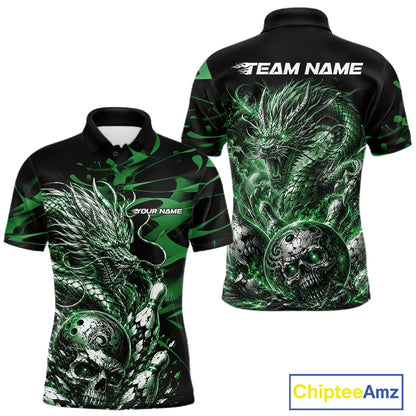 Personalised black and green flaming dragon bowling shirt featuring a skull bowling ball and flying pins artwork
