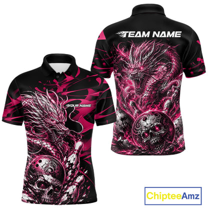 Personalised black and pink flaming dragon bowling shirt featuring a skull bowling ball and flying pins artwork