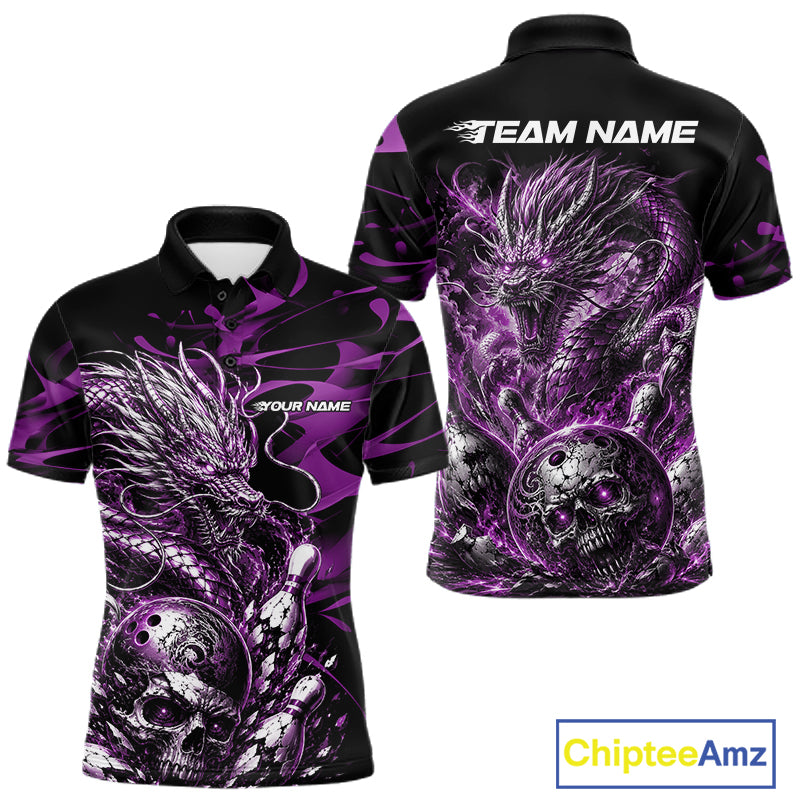 Personalised black and purple flaming dragon bowling shirt featuring a skull bowling ball and flying pins artwork