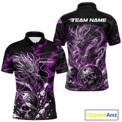 Personalised black and purple flaming dragon bowling shirt featuring a skull bowling ball and flying pins artwork