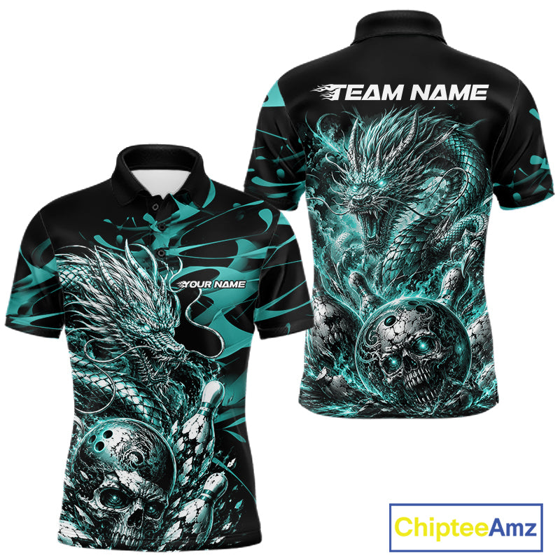 Personalised black and teal blue flaming dragon bowling shirt featuring a skull bowling ball and flying pins artwork
