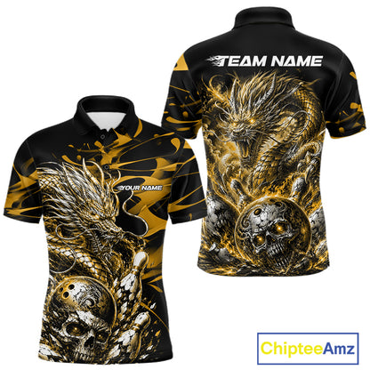 Personalised black and yellow flaming dragon bowling shirt featuring a skull bowling ball and flying pins artwork