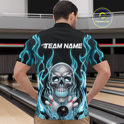 Custom Blue Fire Flame Skull Bowling Quarter-Zip Shirts For Men, Halloween Bowling Team Outfit IPHW9491