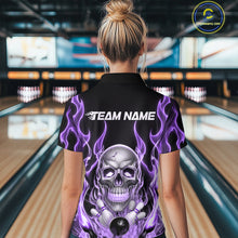Load image into Gallery viewer, Custom Purple Fire Flame Skull Bowling Women Polo Shirt, Halloween Bowling Team Outfit IPHW9493