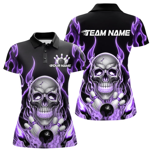 Custom Purple Fire Flame Skull Bowling Women Polo Shirt, Halloween Bowling Team Outfit IPHW9493