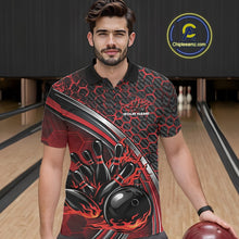 Load image into Gallery viewer, Male model in a bowling lane wearing a black and red polo shirt with honeycomb texture and a dynamic flame bowling strike graphic.