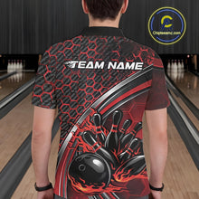 Load image into Gallery viewer, Back view of a male model in a bowling alley wearing a black and red polo shirt, showcasing honeycomb pattern and flaming bowling action artwork.