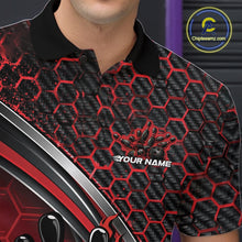Load image into Gallery viewer, Close-up of the left chest area of a black and red bowling polo shirt, featuring honeycomb design with a flaming bowling ball hitting pins.