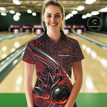 Load image into Gallery viewer, Female model in a bowling lane wearing a black and red polo shirt with honeycomb graphics and a dynamic flame bowling strike illustration.
