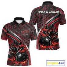 Load image into Gallery viewer, Front and back view of a mens bowling polo shirt mockup in black and red, featuring honeycomb pattern with a flaming bowling ball striking pins.
