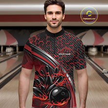 Load image into Gallery viewer, Male model in a bowling lane wearing a black and red quarter zip shirt with honeycomb design and a dynamic flame bowling strike graphic.