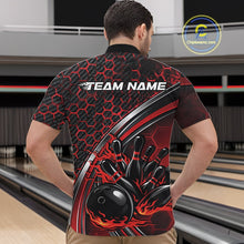 Load image into Gallery viewer, Male model in a bowling venue wearing a black and red quarter zip shirt, showcasing honeycomb pattern with a flaming bowling ball hitting pins.