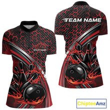 Load image into Gallery viewer, Women s bowling quarter zip mockup in black and red presented from front and back with honeycomb accents and flaming bowling ball and pins artwork.